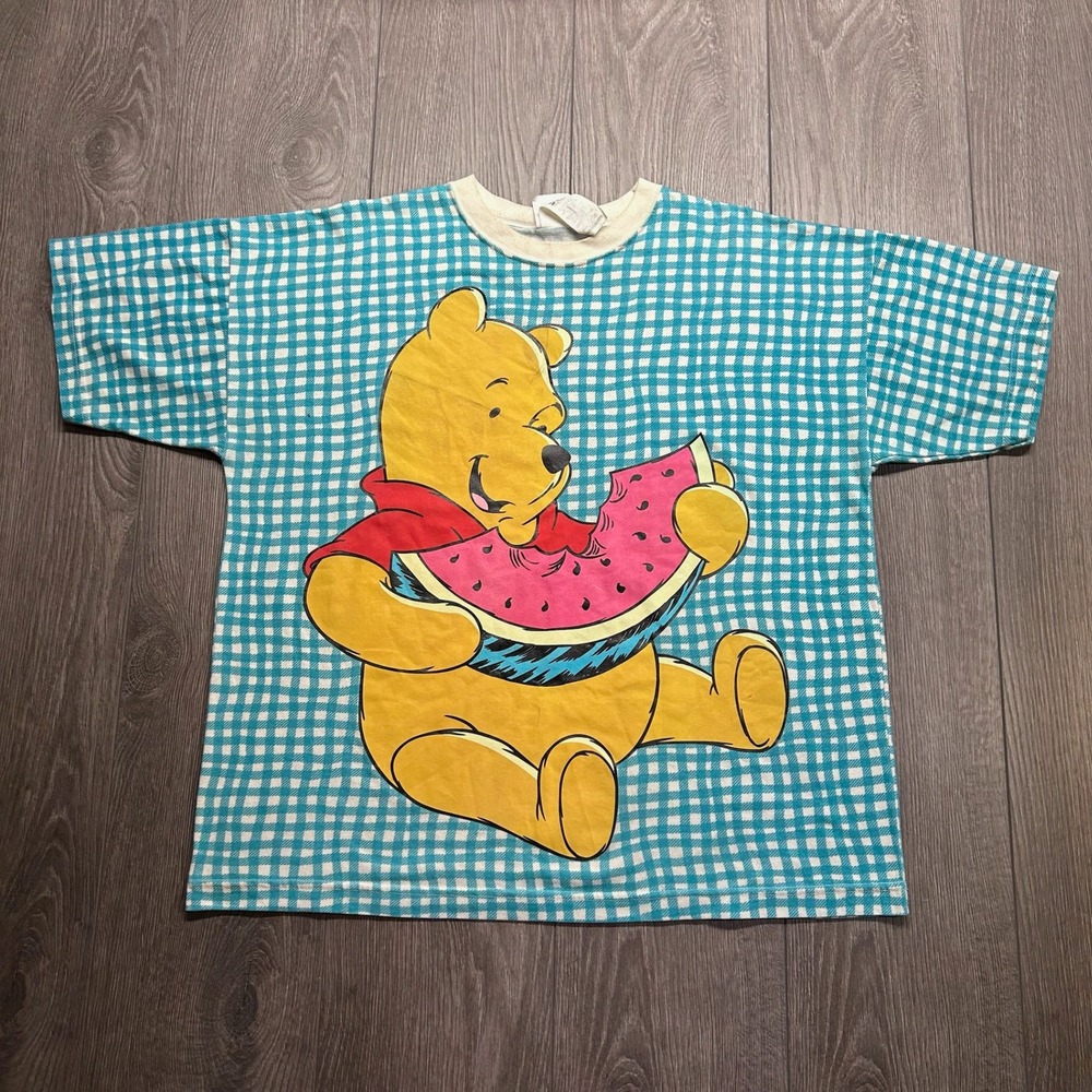 Vintage Disney Pooh T-Shirt Mens Medium Teal Checkered Watermelon Graphic Tee
